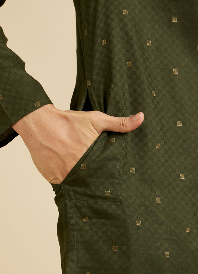 Manyavar Men Moss Green Kurta Set with Embroidered Neckline