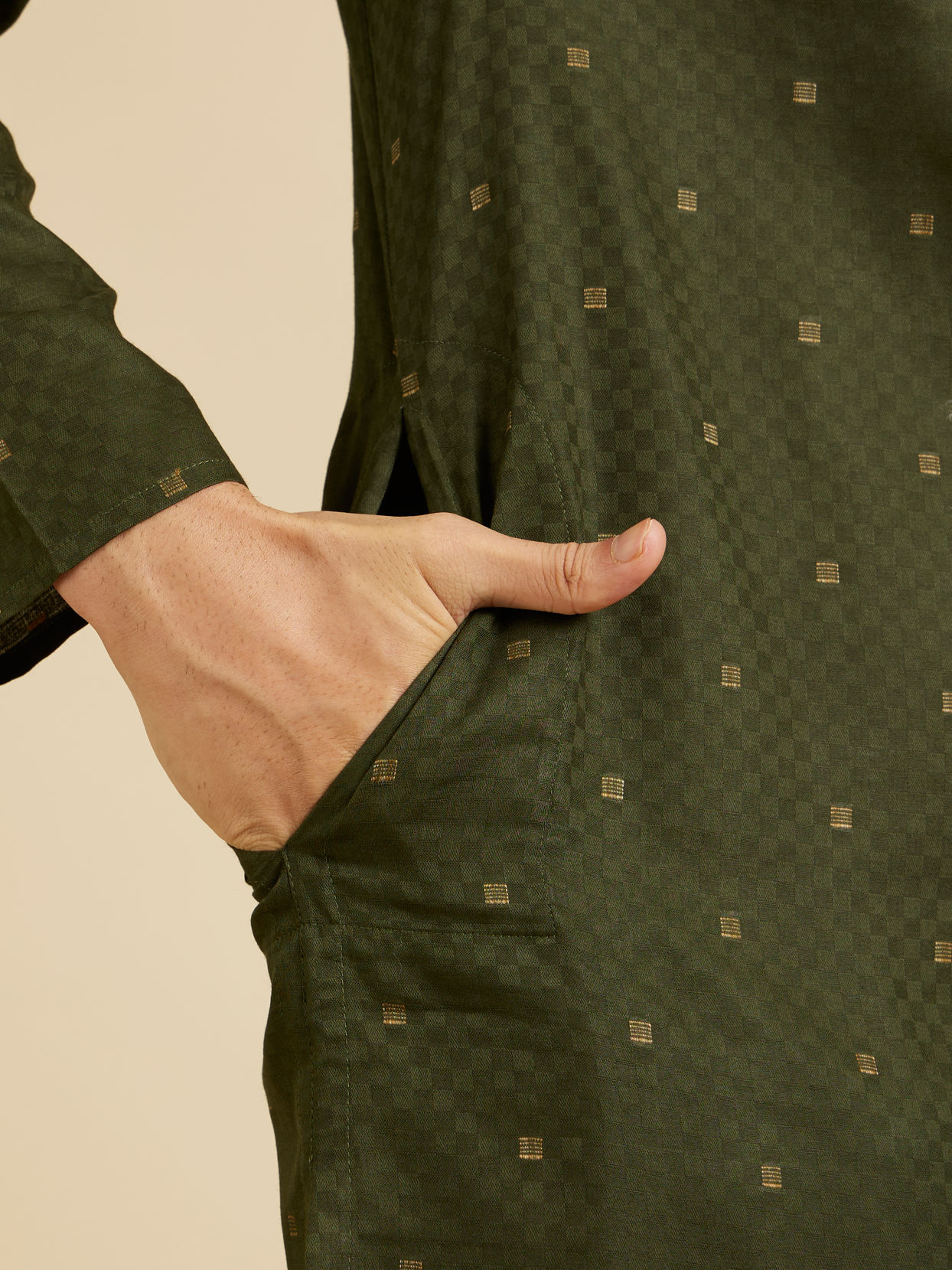 Manyavar Men Moss Green Kurta Set with Embroidered Neckline
