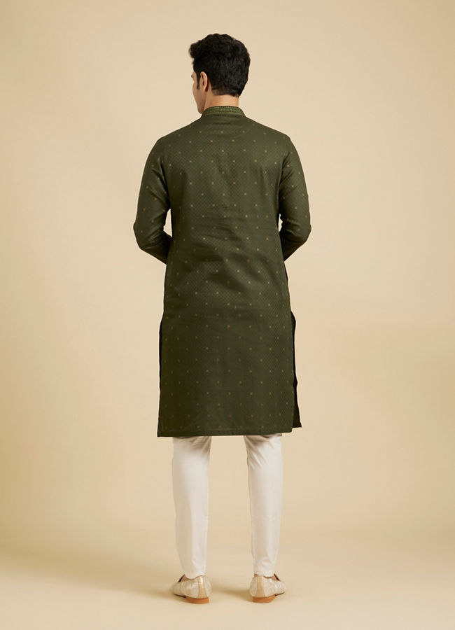 Manyavar Men Moss Green Kurta Set with Embroidered Neckline