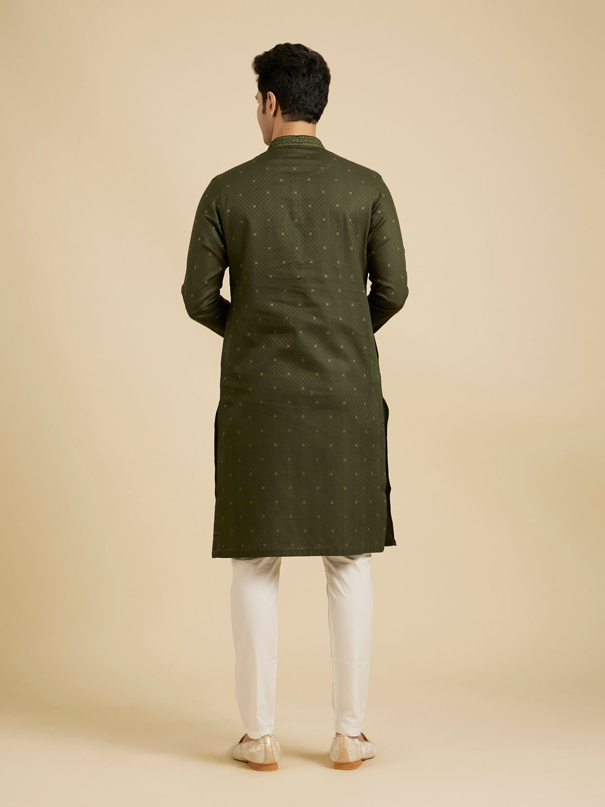 Manyavar Men Moss Green Kurta Set with Embroidered Neckline