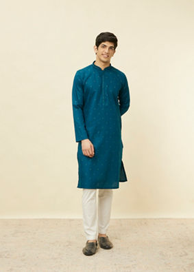 Manyavar Men Sapphire Blue Checkered Kurta Set image number 2