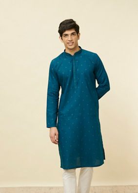 Manyavar Men Sapphire Blue Checkered Kurta Set image number 0