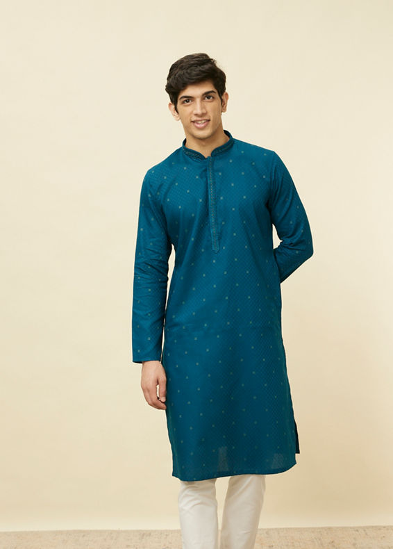 Manyavar Men Sapphire Blue Checkered Kurta Set
