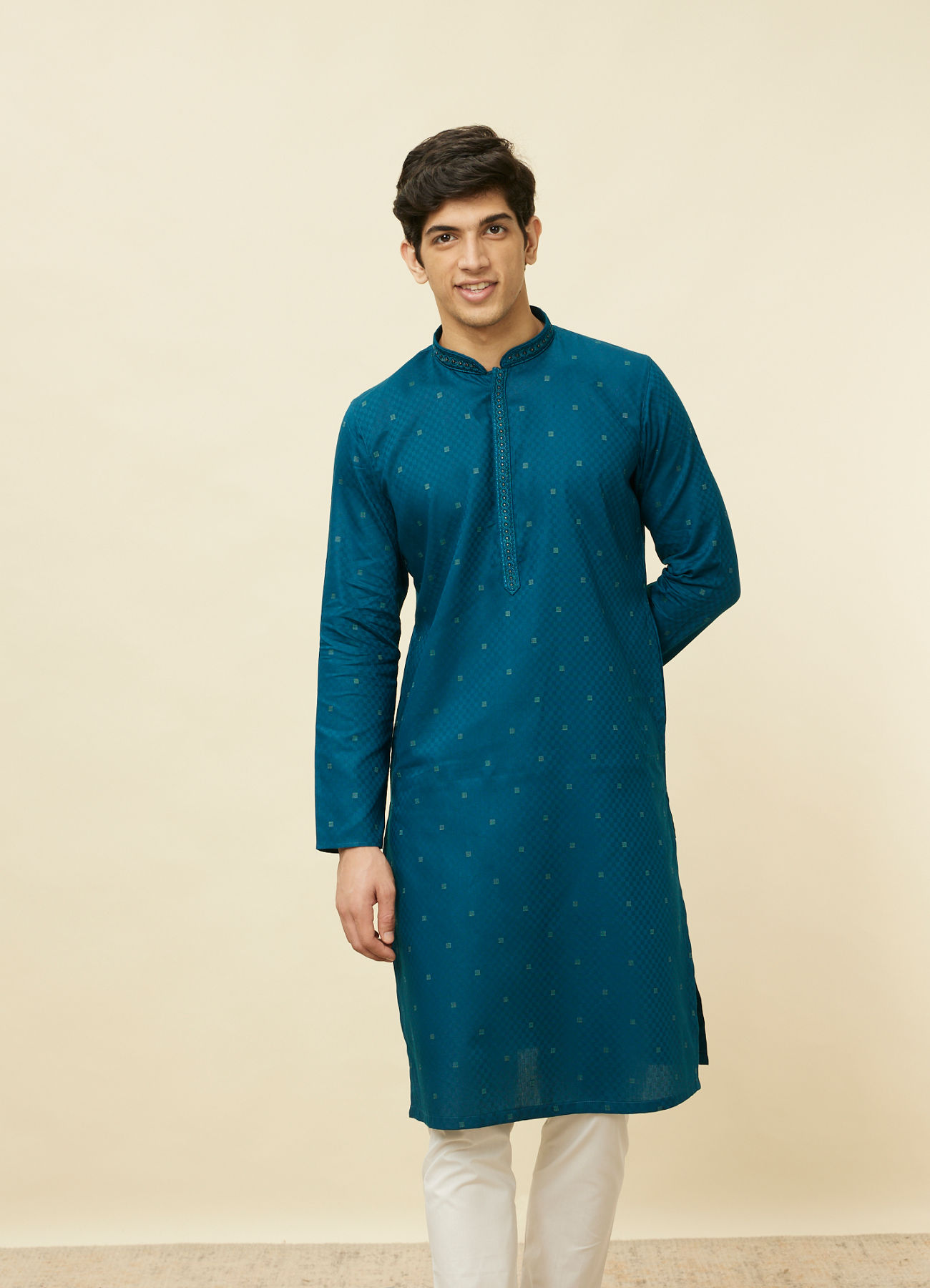 Manyavar Men Sapphire Blue Checkered Kurta Set