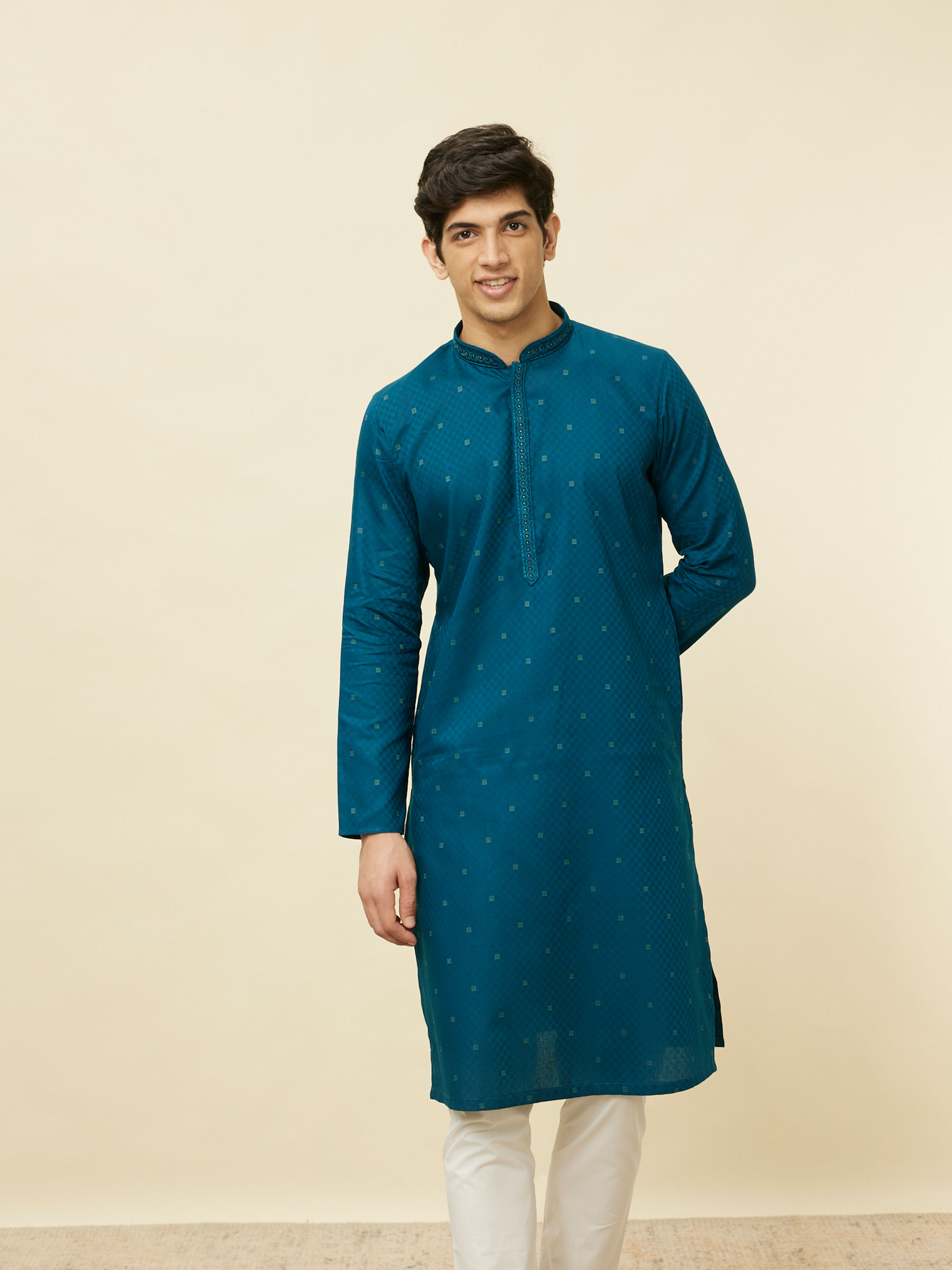 Manyavar Men Sapphire Blue Checkered Kurta Set