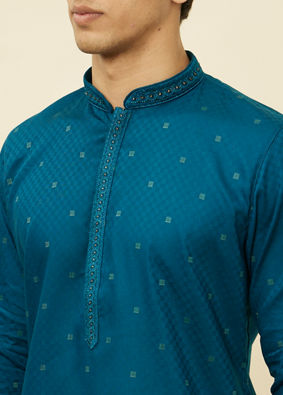 Manyavar Men Sapphire Blue Checkered Kurta Set