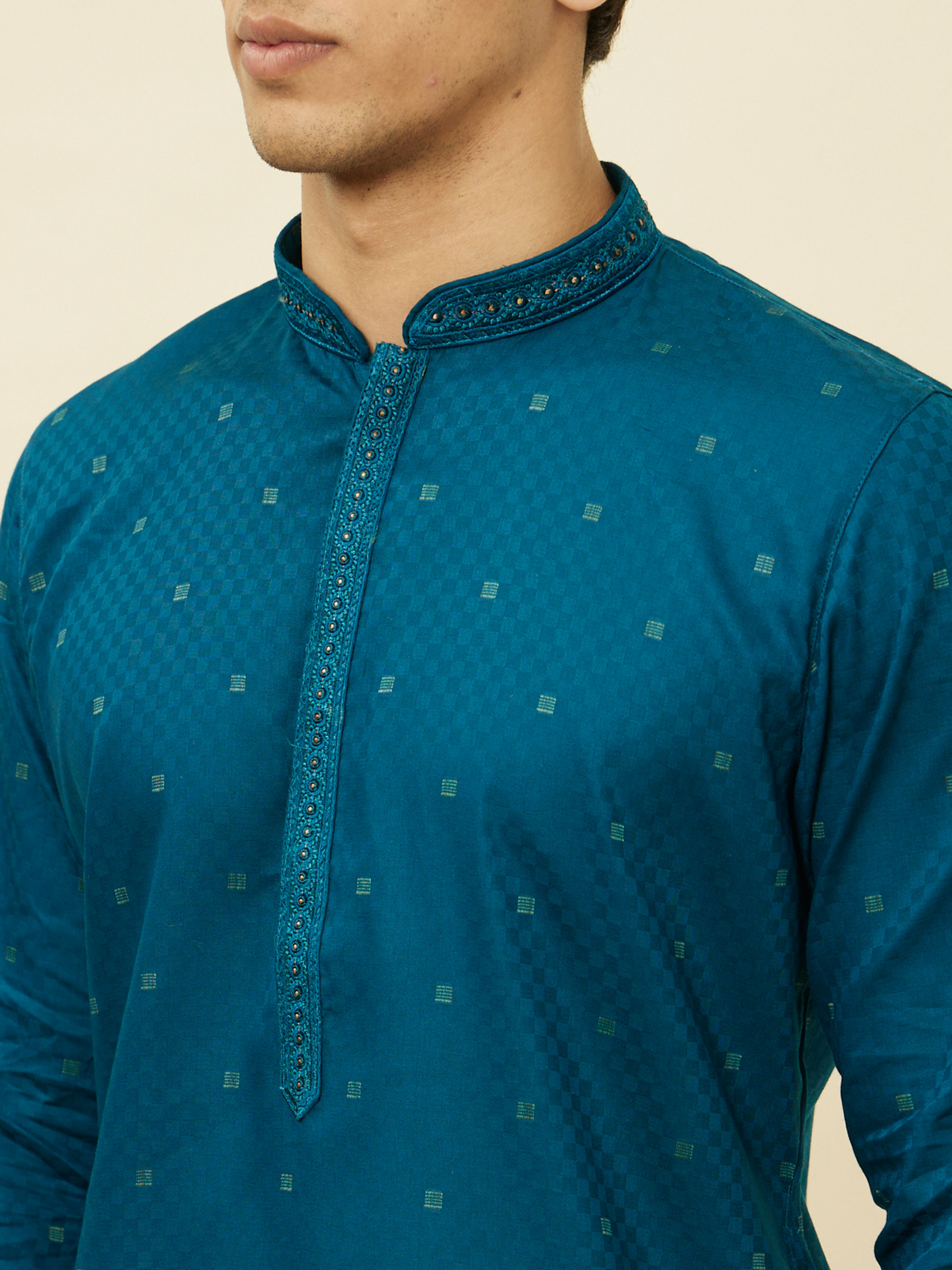 Manyavar Men Sapphire Blue Checkered Kurta Set