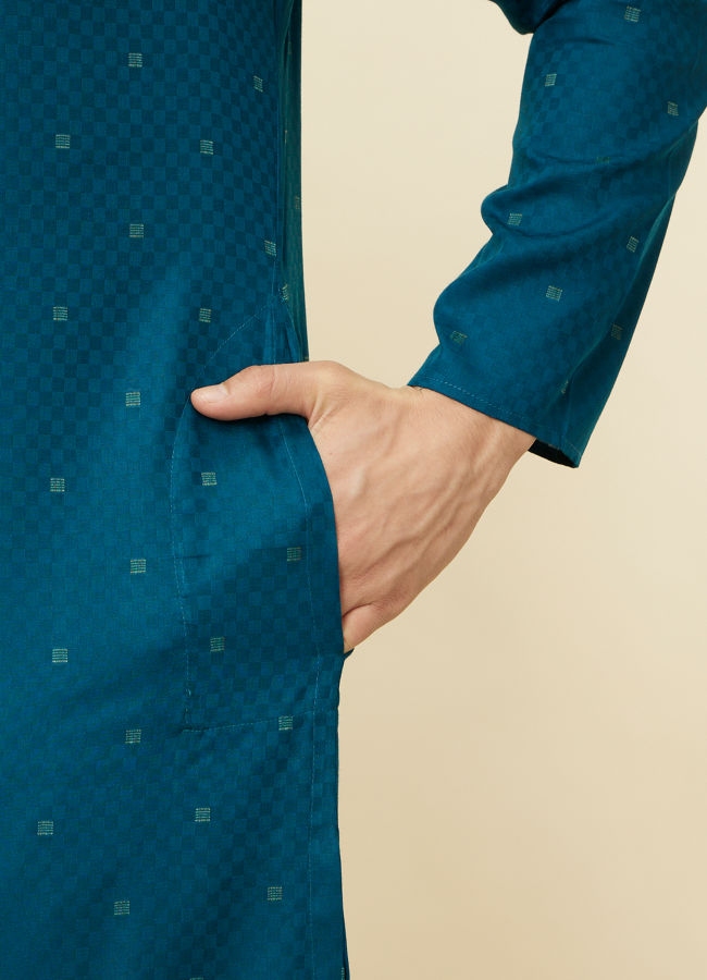 Manyavar Men Sapphire Blue Checkered Kurta Set