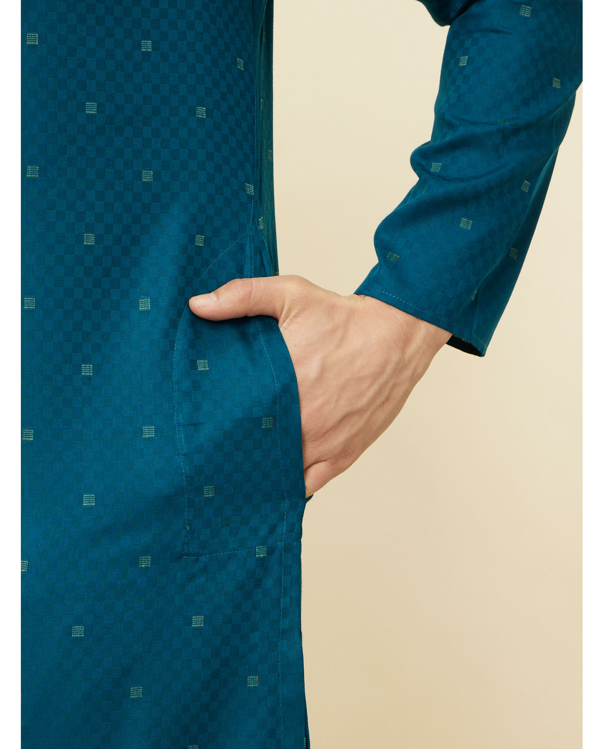 Manyavar Men Sapphire Blue Checkered Kurta Set