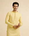 alt message - Manyavar Men Yellow Grid Patterned Kurta Set image number 0