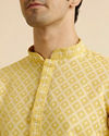 alt message - Manyavar Men Yellow Grid Patterned Kurta Set image number 1