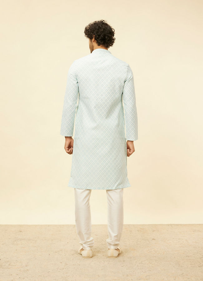 alt message - Manyavar Men Aquamarine Blue Grid Patterned Kurta Set image number 5