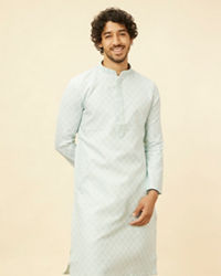 Manyavar Men Aquamarine Blue Grid Patterned Kurta Set