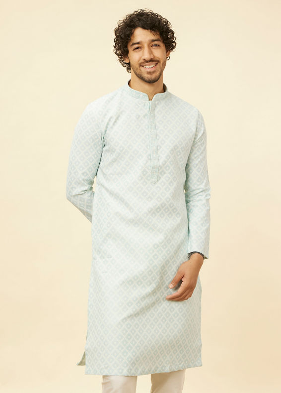 Manyavar Men Aquamarine Blue Grid Patterned Kurta Set