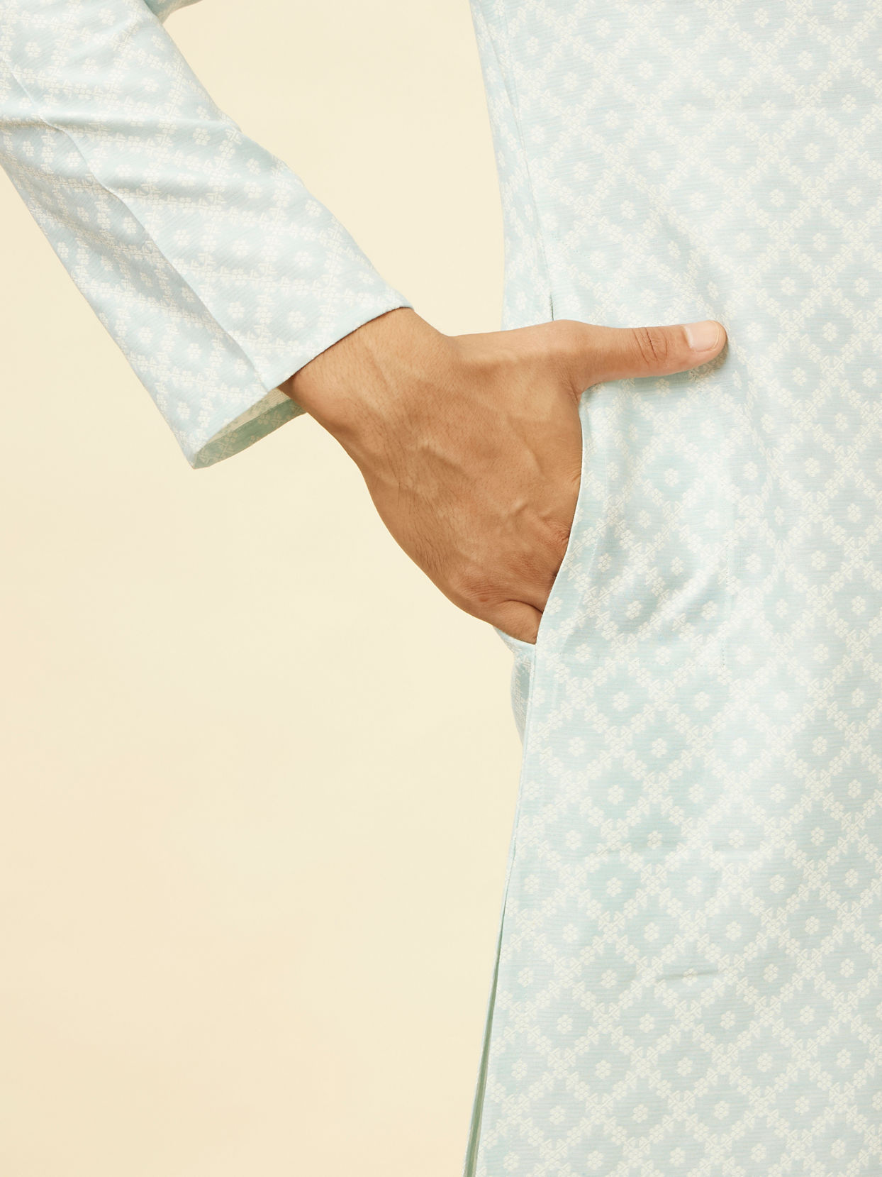 Manyavar Men Aquamarine Blue Grid Patterned Kurta Set