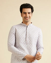 Manyavar Men Light Lilac Grid Patterned Kurta Set