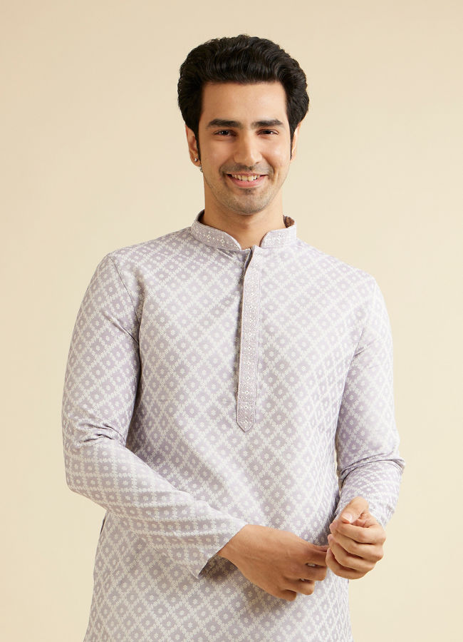 alt message - Manyavar Men Light Lilac Grid Patterned Kurta Set image number 0