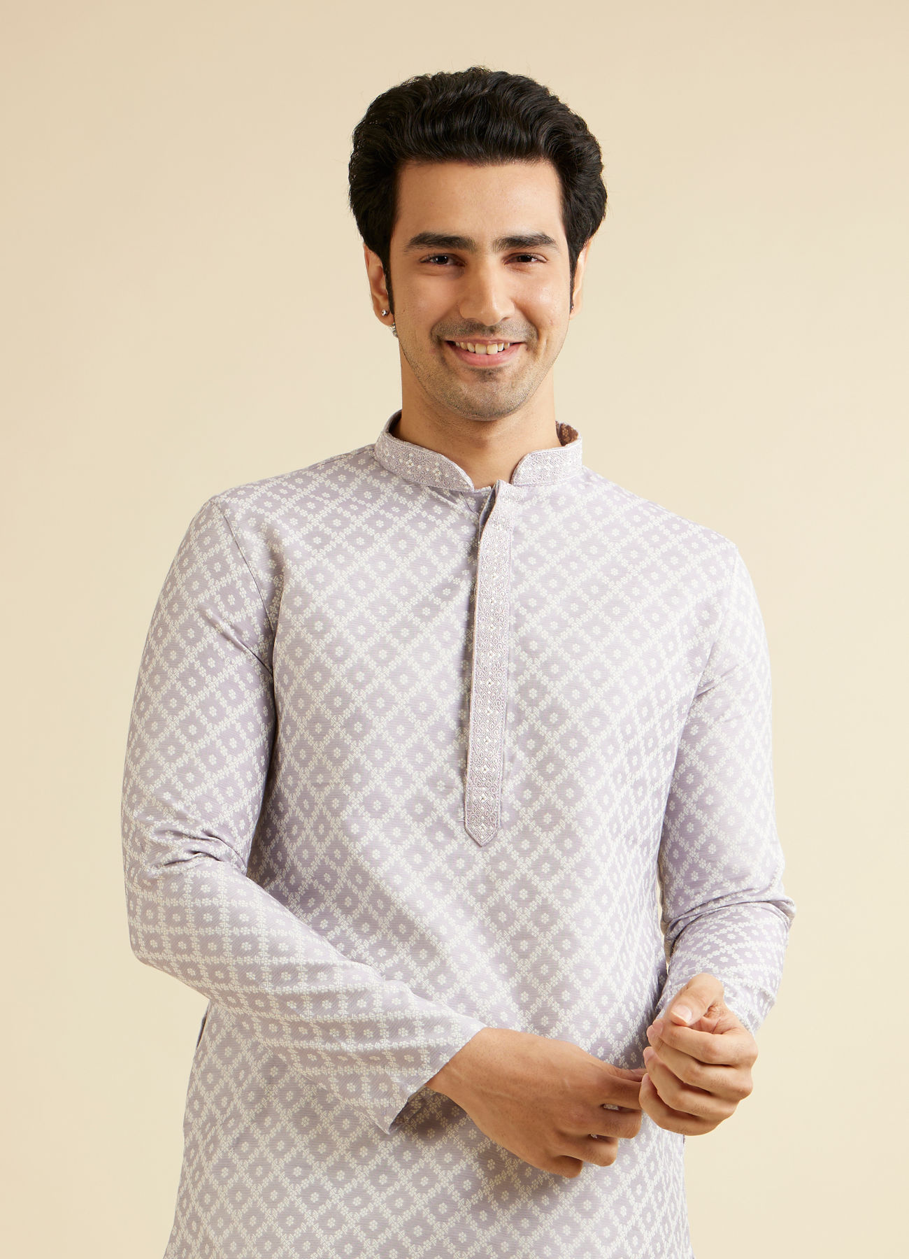 Manyavar Men Light Lilac Grid Patterned Kurta Set