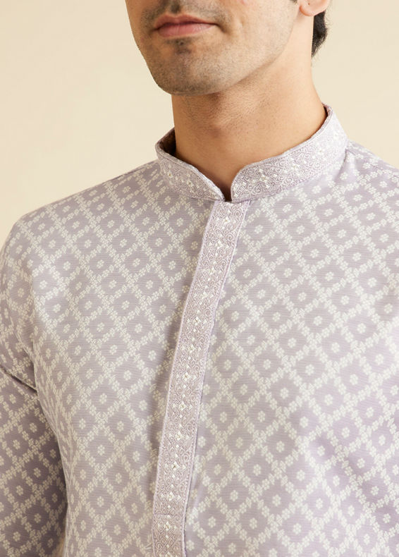 Manyavar Men Light Lilac Grid Patterned Kurta Set