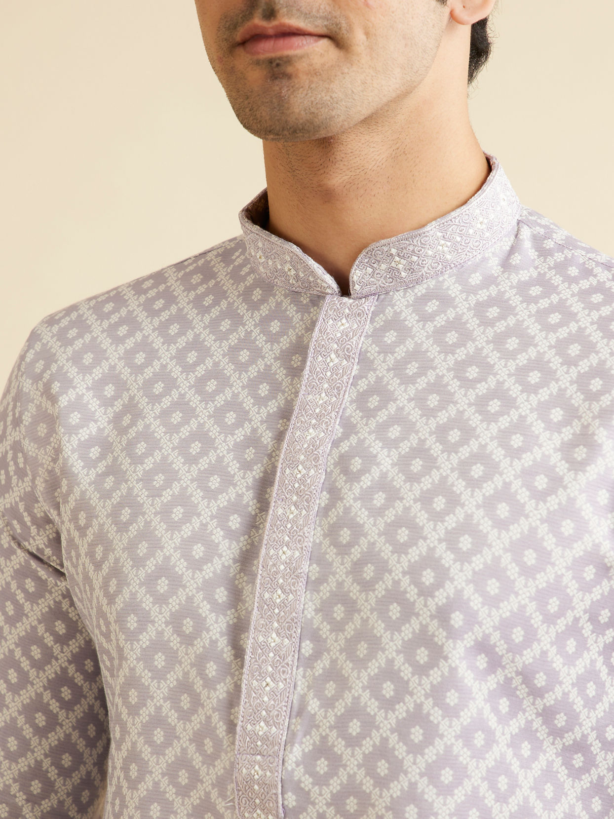 Manyavar Men Light Lilac Grid Patterned Kurta Set