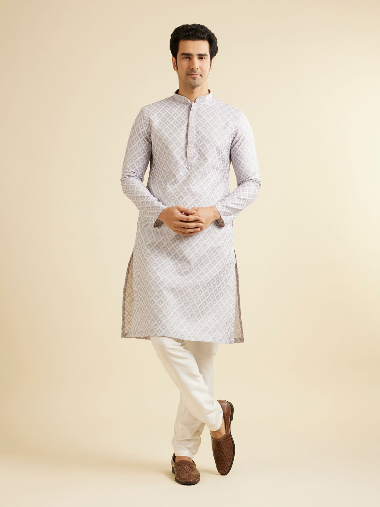 Manyavar Men Light Lilac Grid Patterned Kurta Set