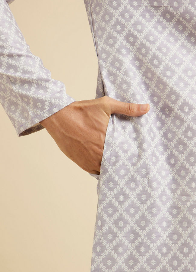 Manyavar Men Light Lilac Grid Patterned Kurta Set