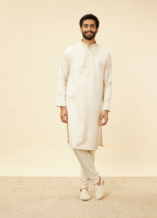 Manyavar Men Sea Salt White Embroidered Neckline Kurta Set