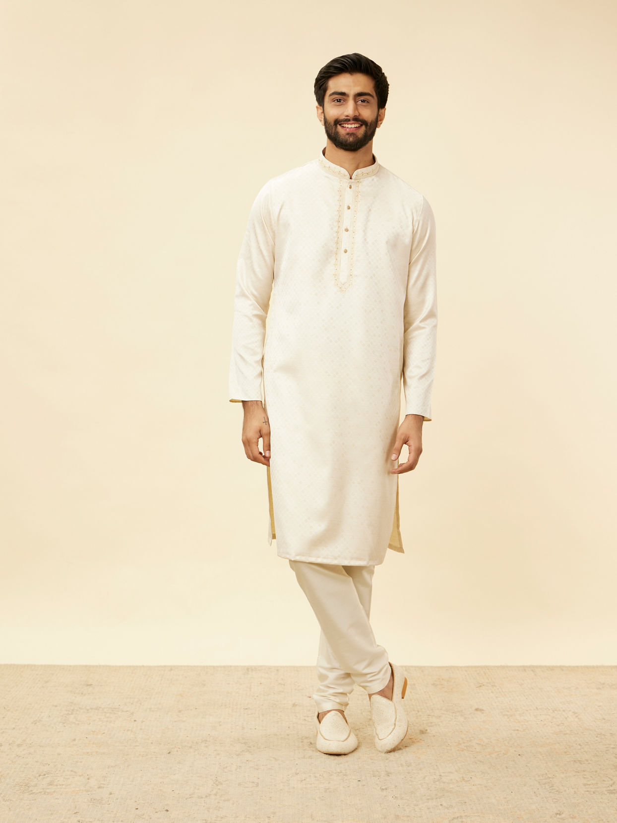Manyavar Men Sea Salt White Embroidered Neckline Kurta Set