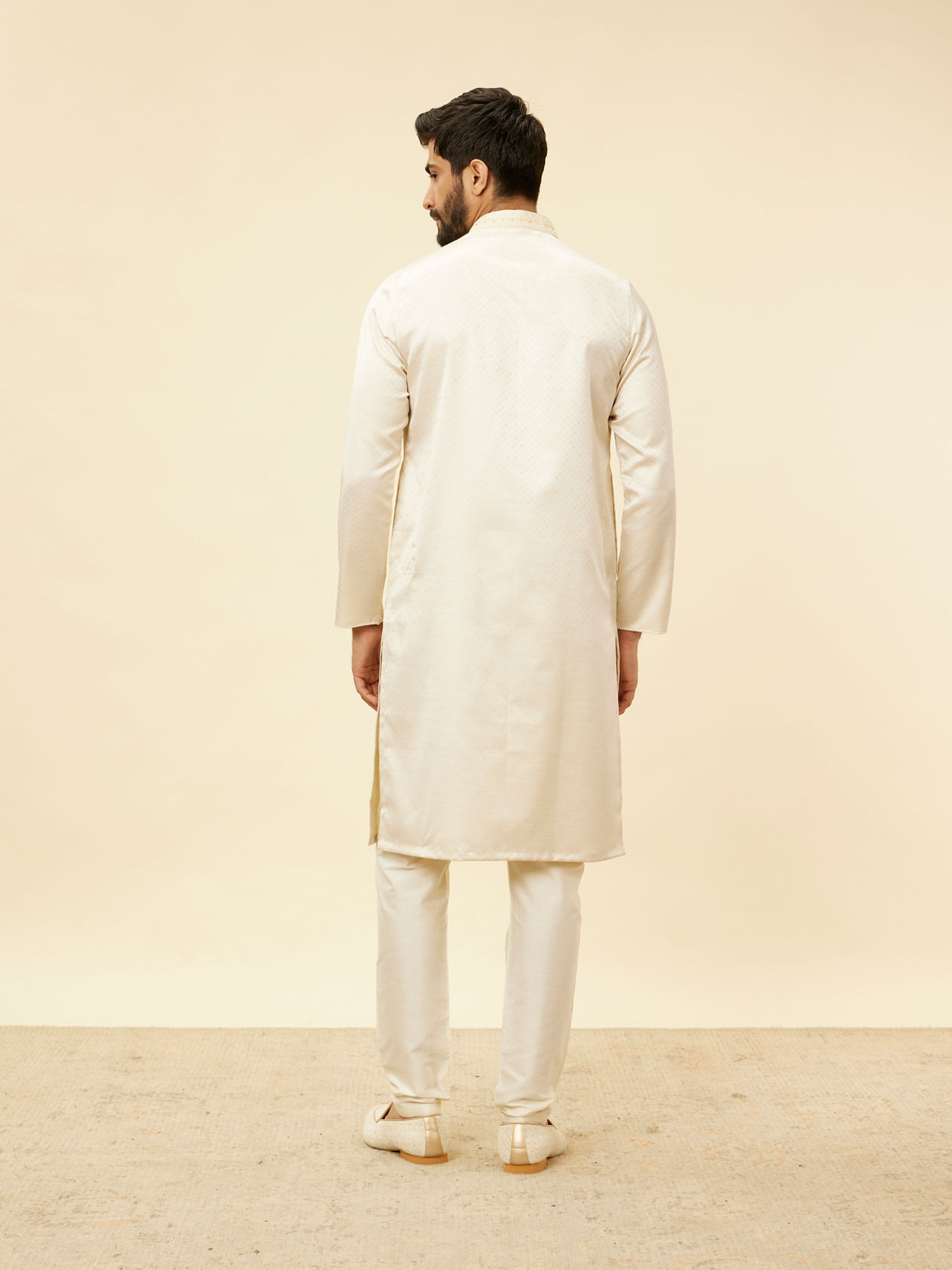 Manyavar Men Sea Salt White Embroidered Neckline Kurta Set