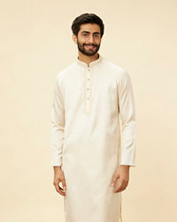 Manyavar Men Sea Salt White Embroidered Neckline Kurta Set