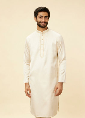 alt message - Manyavar Men Sea Salt White Embroidered Neckline Kurta Set image number 0