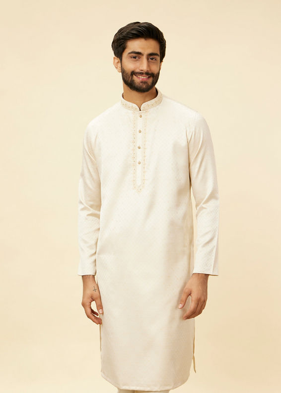 Manyavar Men Sea Salt White Embroidered Neckline Kurta Set