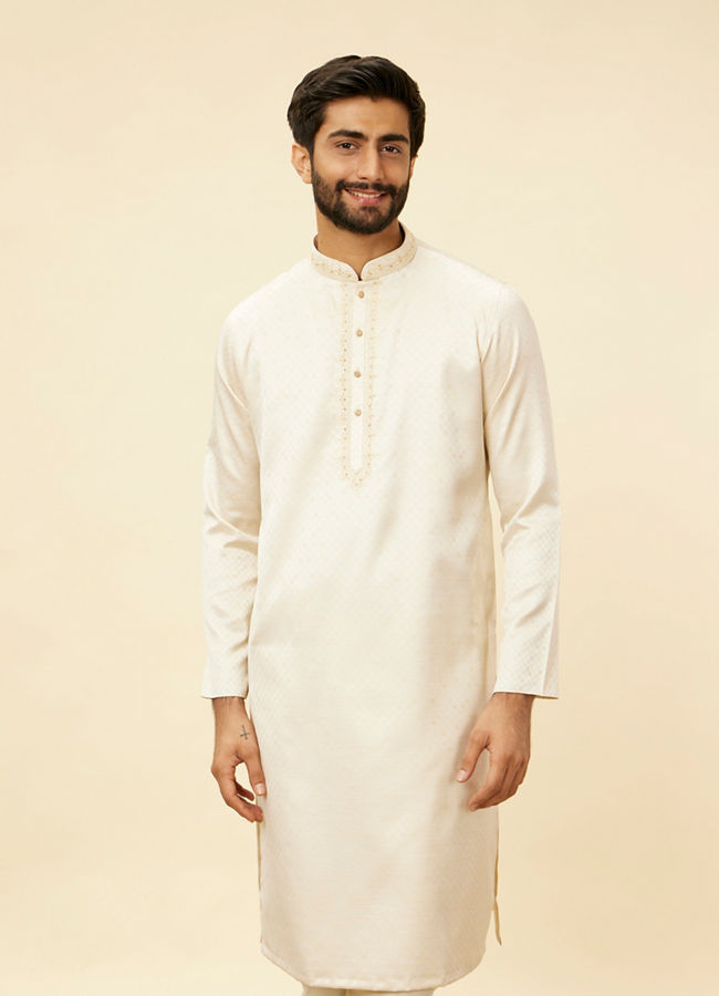 alt message - Manyavar Men Sea Salt White Embroidered Neckline Kurta Set image number 0