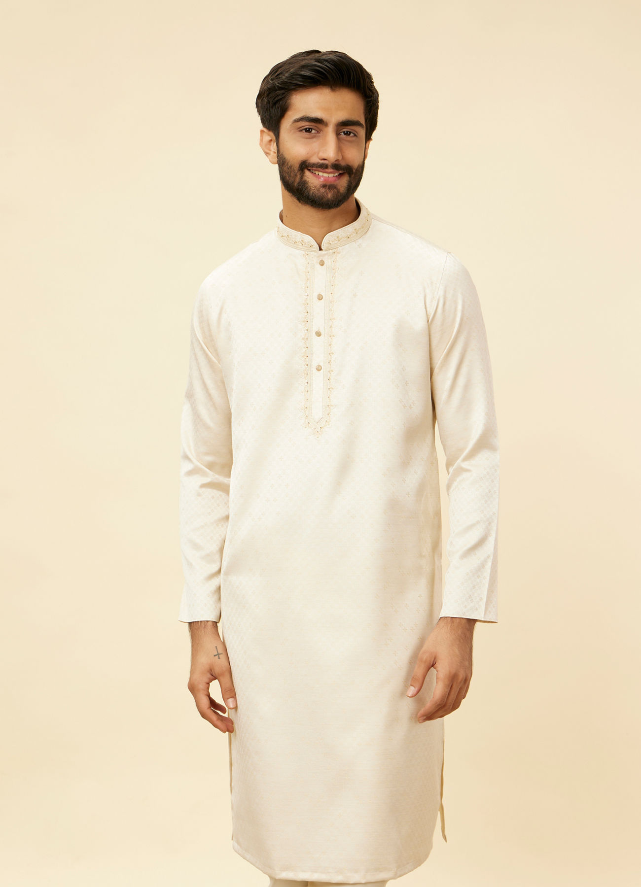 Manyavar Men Sea Salt White Embroidered Neckline Kurta Set