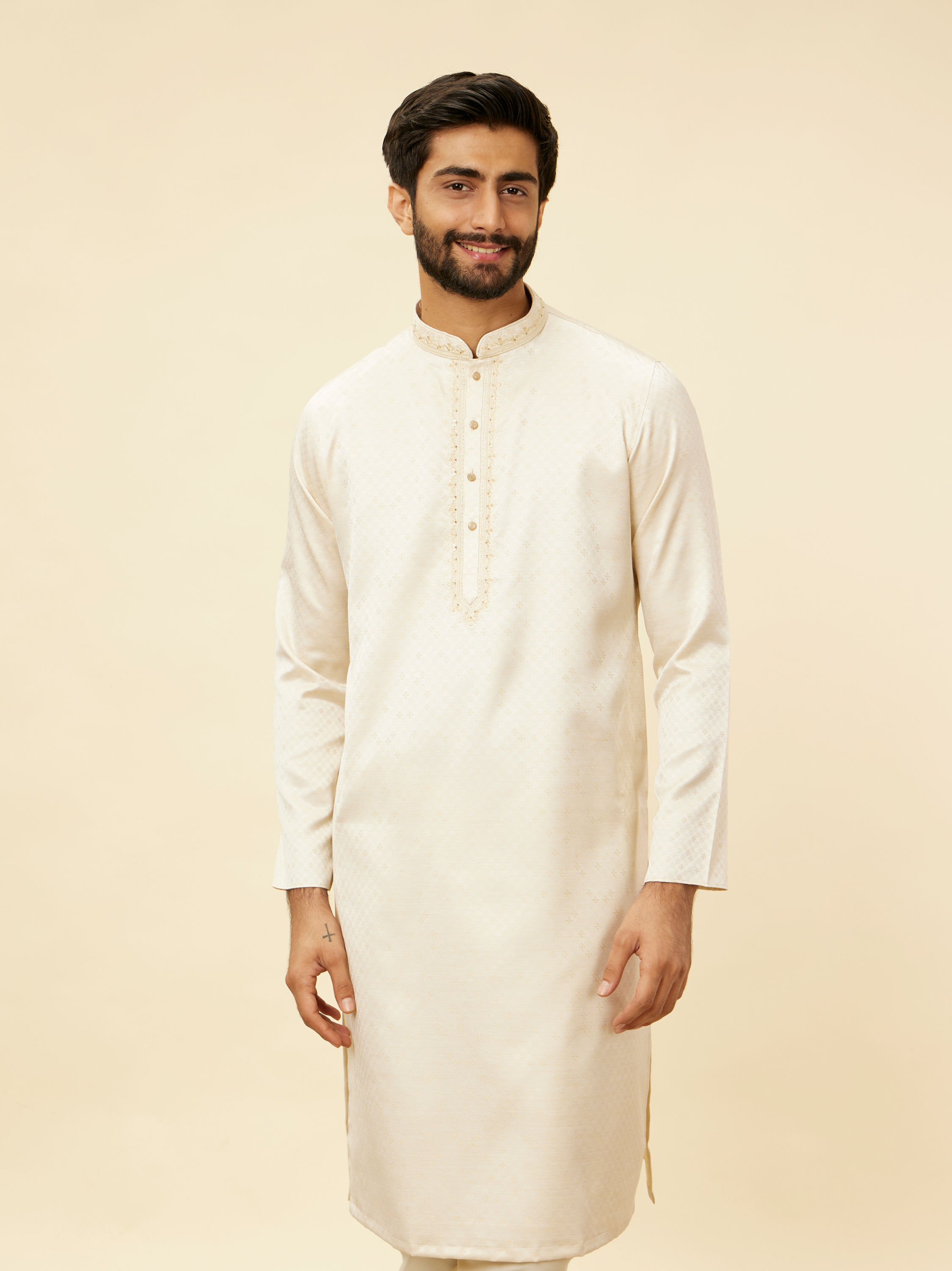 Manyavar Men Sea Salt White Embroidered Neckline Kurta Set