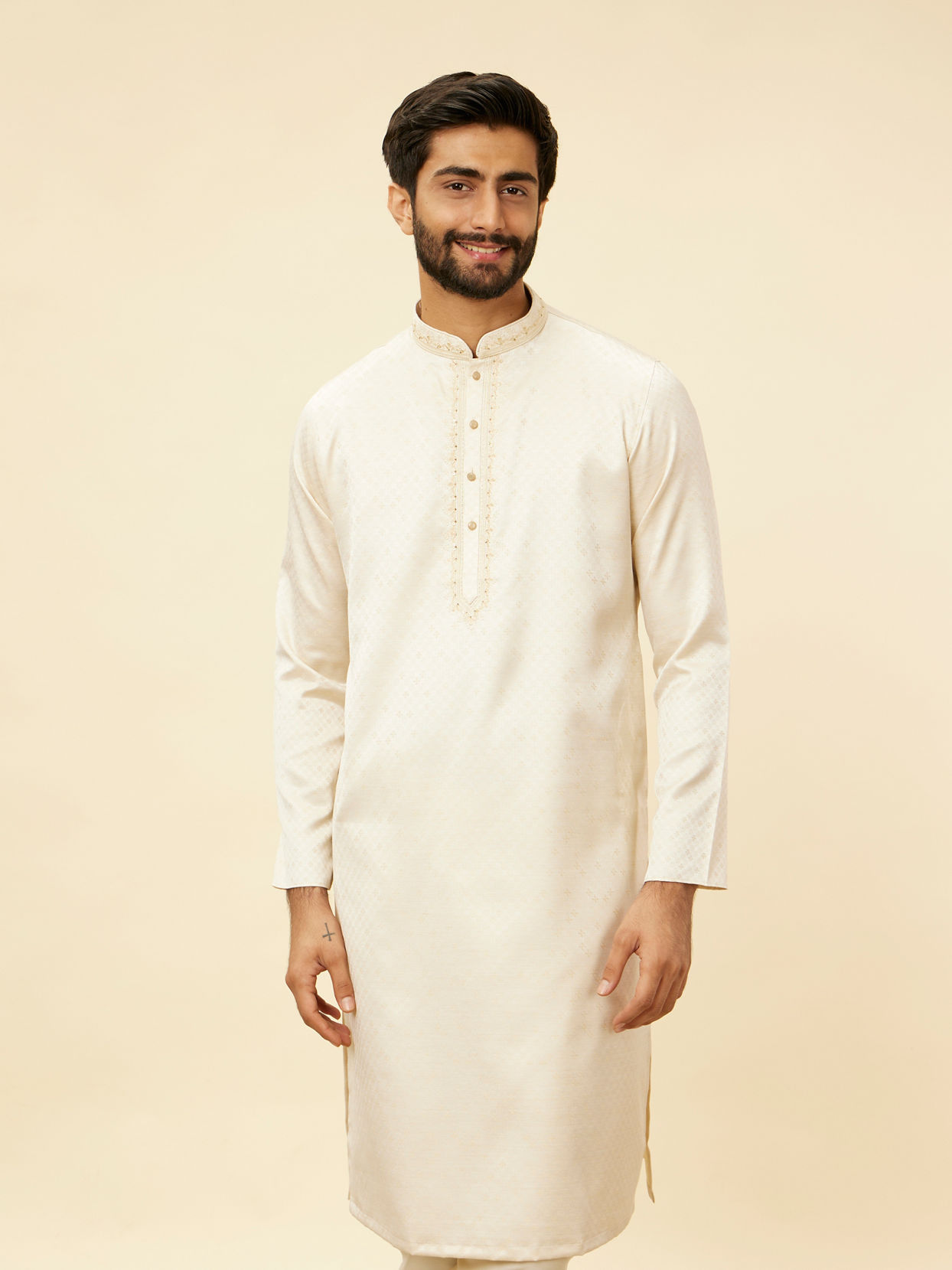 alt message - Manyavar Men Sea Salt White Embroidered Neckline Kurta Set image number 0