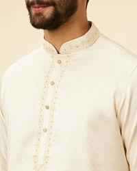 Manyavar Men Sea Salt White Embroidered Neckline Kurta Set