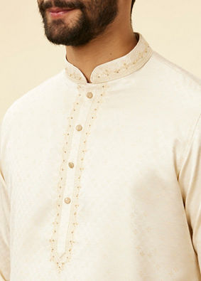 alt message - Manyavar Men Sea Salt White Embroidered Neckline Kurta Set image number 1