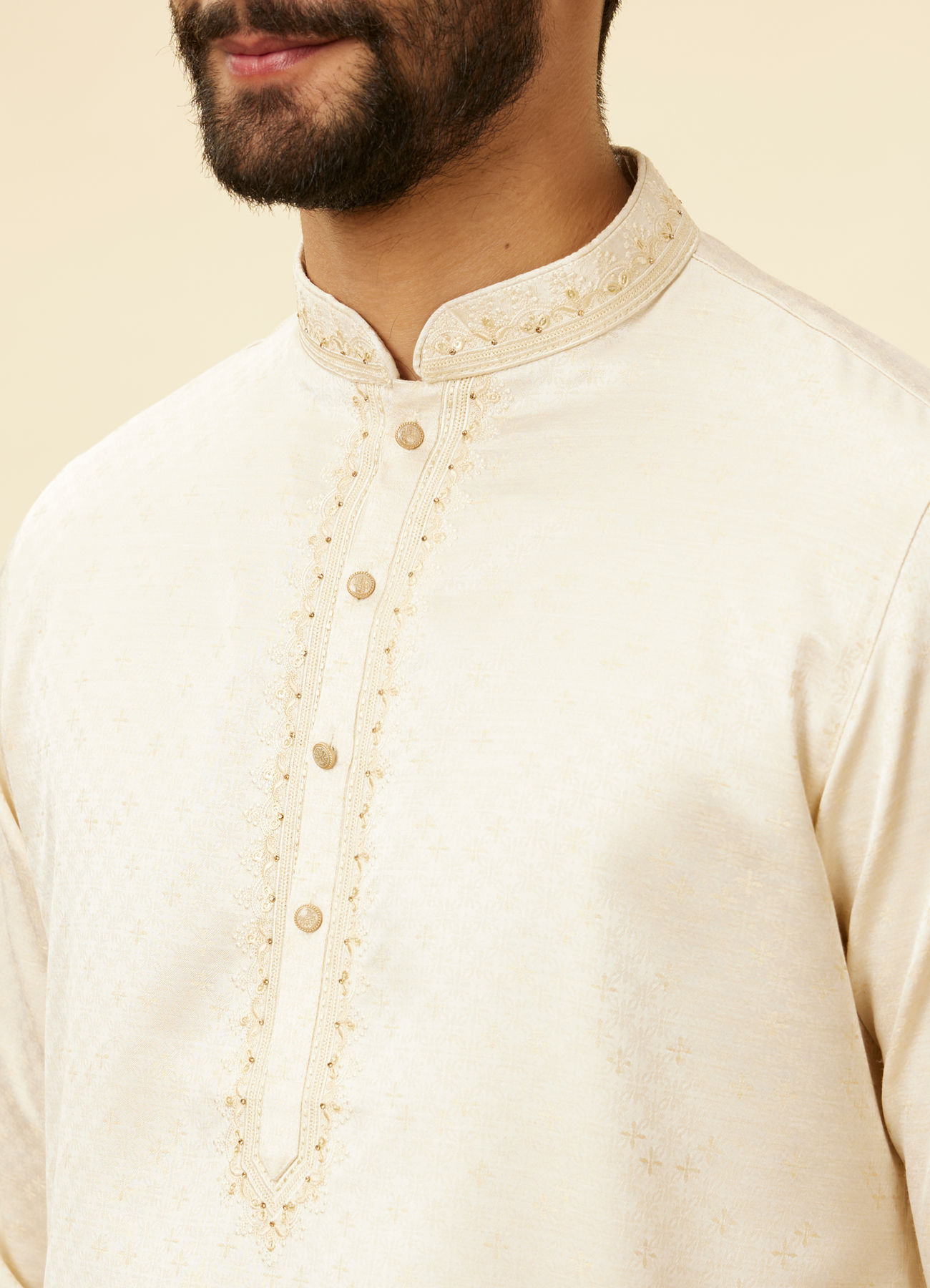 Manyavar Men Sea Salt White Embroidered Neckline Kurta Set