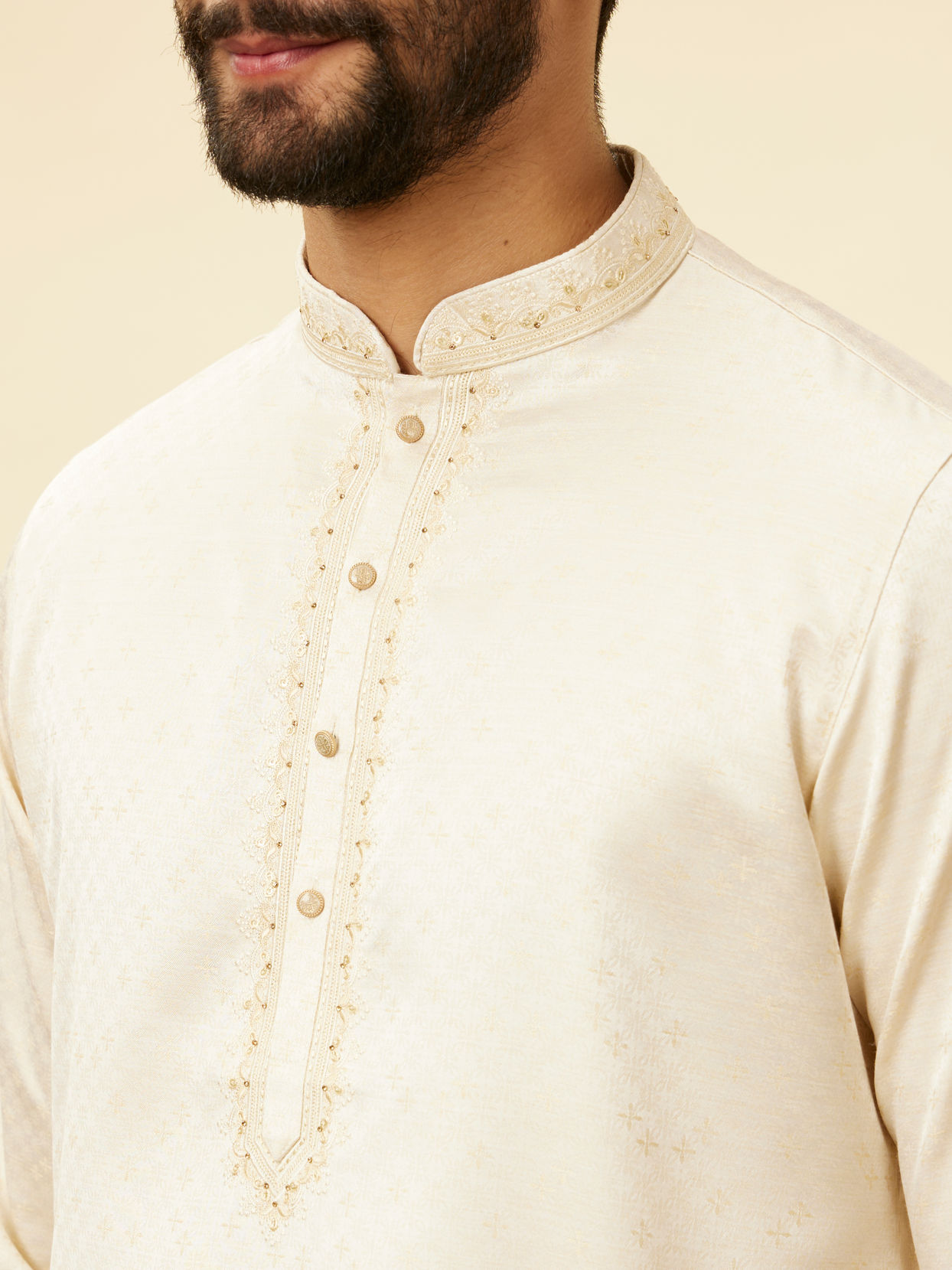 alt message - Manyavar Men Sea Salt White Embroidered Neckline Kurta Set image number 1