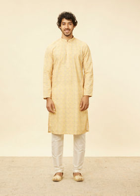 alt message - Manyavar Men Peach Yellow Chikankari Embroidered Kurta Set image number 2