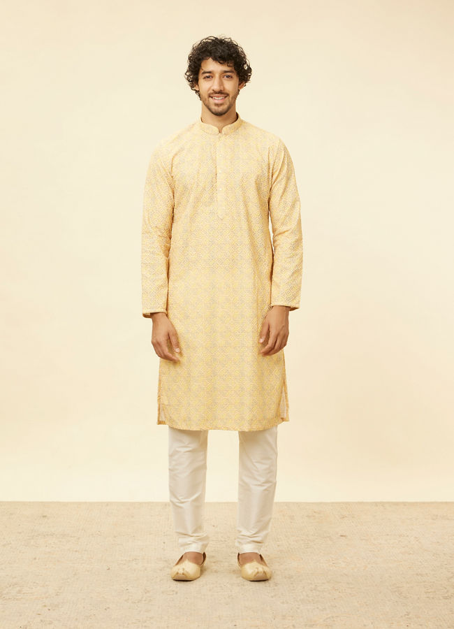 Manyavar Men Peach Yellow Chikankari Embroidered Kurta Set