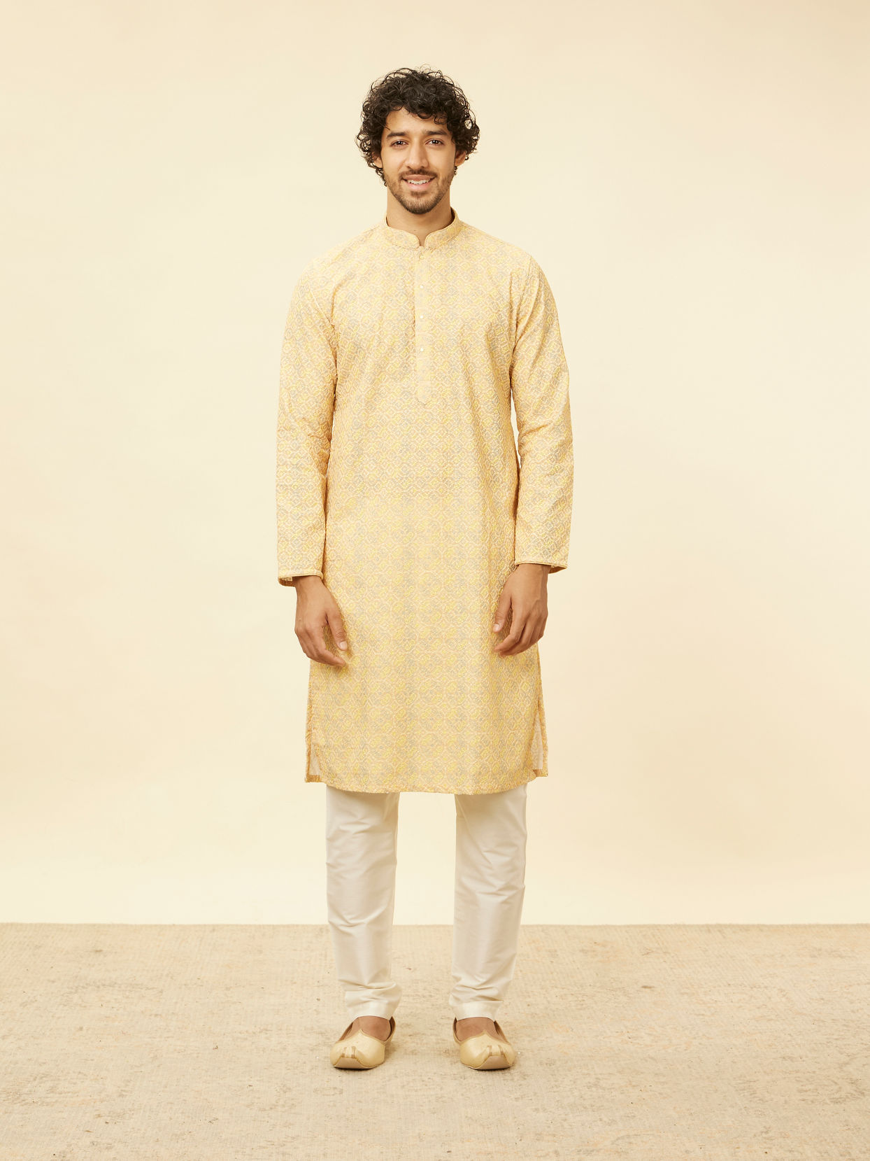 Manyavar Men Peach Yellow Chikankari Embroidered Kurta Set