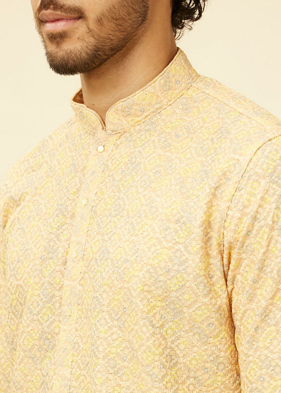 Manyavar Men Peach Yellow Chikankari Embroidered Kurta Set