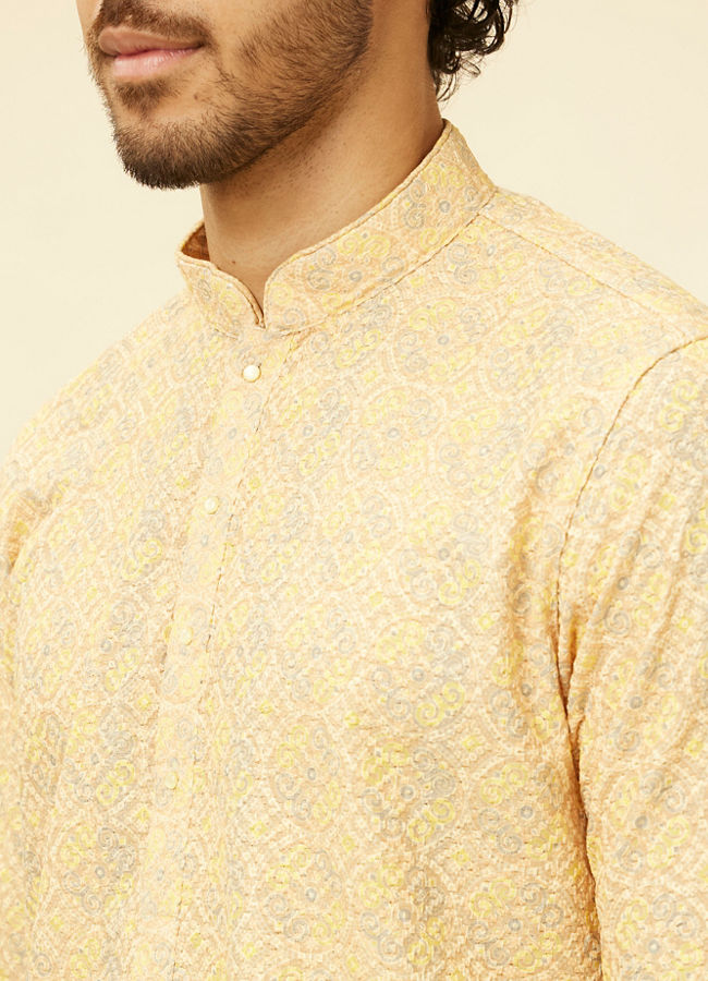 alt message - Manyavar Men Peach Yellow Chikankari Embroidered Kurta Set image number 1