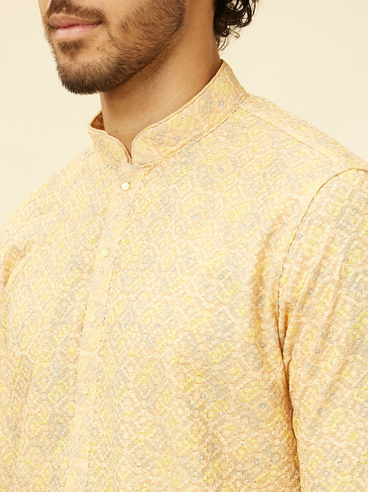 Manyavar Men Peach Yellow Chikankari Embroidered Kurta Set