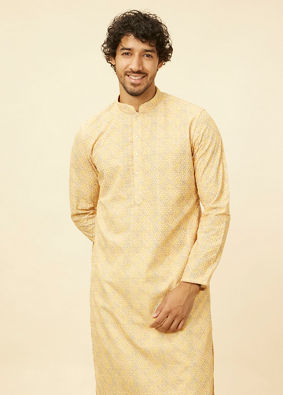 alt message - Manyavar Men Peach Yellow Chikankari Embroidered Kurta Set image number 0