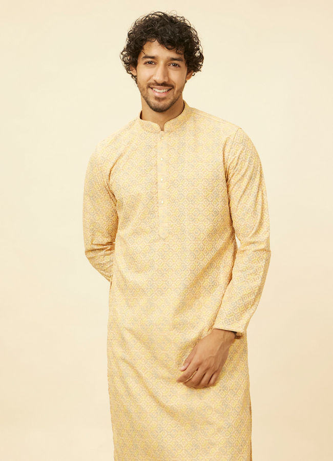 Manyavar Men Peach Yellow Chikankari Embroidered Kurta Set