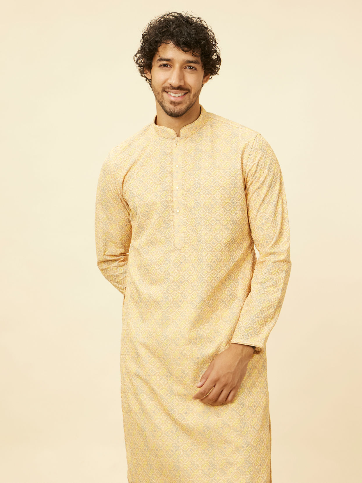 alt message - Manyavar Men Peach Yellow Chikankari Embroidered Kurta Set image number 0