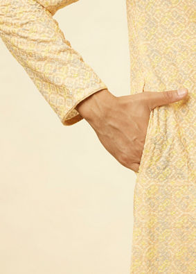 alt message - Manyavar Men Peach Yellow Chikankari Embroidered Kurta Set image number 3